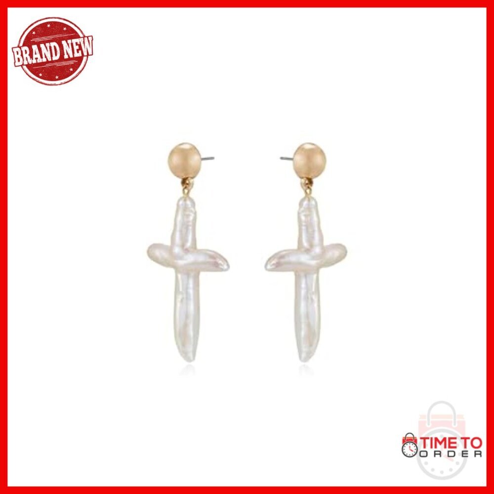 Freshwater Pearl Cross 18k Gold Plated Stud Dangle Earrings - Picture 4 of 7